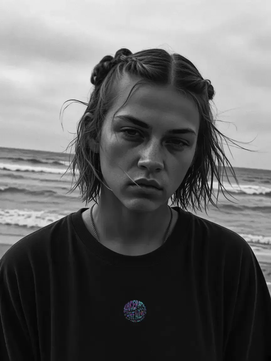 CUbe Shirt, schwarzweißes Brustbild am Meer mit Badge